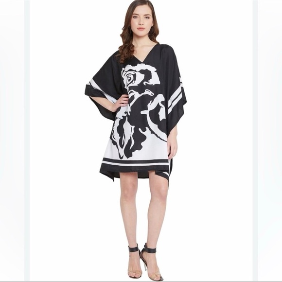 Floral Black & White Short Kaftan Tunic Kimono Cover Up Shirt Dress - Picture 12 of 12